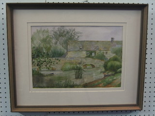 Watercolour drawing "Country Cottage with Bridge and River" 9" x 13"