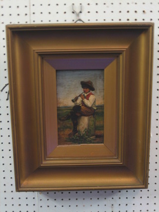 A 19th Century Continental oil  painting on board "Seated Musician on Stone Pedestal" 7" x 4 1/2"