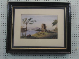 A 19th Century watercolour "Ruined Folly by a Lake with Mountains in the Distance" monogrammed H C B T 8" x 12"