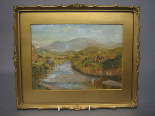 19th Century watercolour "Mountain River with Figures Walking on a Path" 7" x 9"