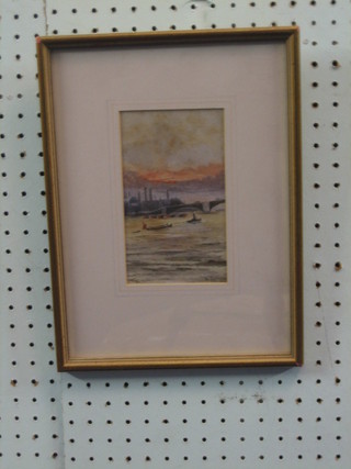 Impressionist watercolour "The River Thames at Dusk with Bridge and Power Station in the Distance" indistinctly signed 7" x 4"