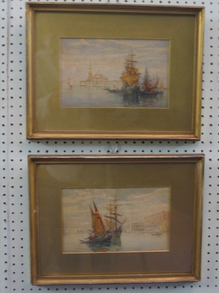 J W Millikem ?, pair of 19th Century watercolours "Venice From the Lagoon" 16" x 9"