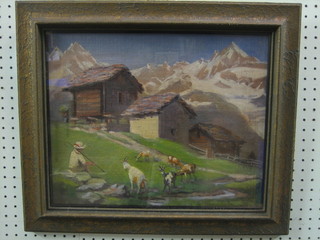 Oil on board "Alpine Scene with Buildings, Goat Herder and Goats" 12" x 15"