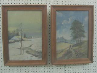 Tanner, naive school, oil paintings on canvas "River Scene with Snow and Figure Driving Sheep" 13" x 9"