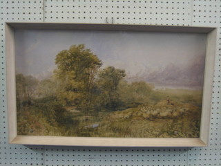 An 18th/19th Century watercolour drawing "Figure Driving Watering Sheep" 14" x 25" indistinctly signed, the reverse with Williams Gallery label