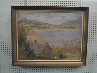 G Mekaline Thomas,  19th/20th Century impressionist oil on canvas "Study of a Bay with Pier and Ship" 17" x 24"