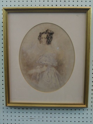 19th Century watercolour, head and shoulders portrait drawing "Young Girl" 12" oval