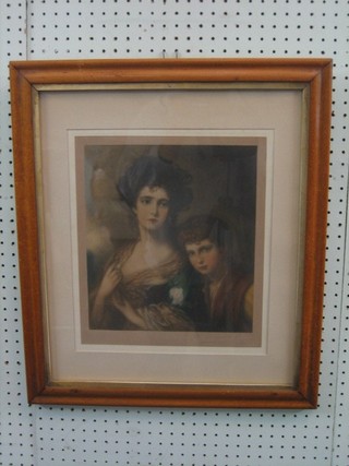 After Gainsbrough, a coloured print "Elizabeth Linley and Her Brother" 12" x 10" contained in a maple frame