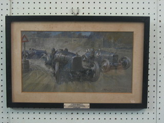 Gordon Crosby, watercolour drawing "The 200 Mile Race Brooklands 1925 No. 11 Major H. O. D. Segave and No. 9 Major Halford and No.3 The Earl of Cottenham" signed and dated 1925 8" x 15"