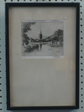 An etching "River with Bridge and Church in Distance" 4" x 5" indistinctly signed