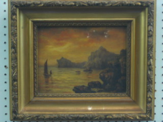 H E Pritchett, Victorian oil on canvas "Fishing Boat by Rocky Outcrop" 6" x 8"
