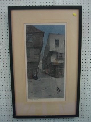 Cecil Aldin, a coloured print "Terrier Wandering the High Street" with Blind fretwork stamp, signed Cecil Aldin 19" x 9 1/2"
