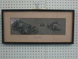 In the manner of Gordon Crosby, gouache drawing "Two Hundred Mile Race - Brooklands 1925" 4 1/2" x 14 1/2"