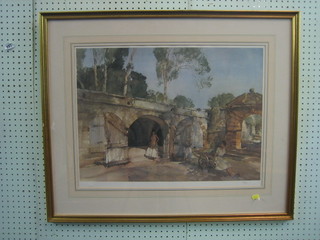 Sir William Russell Flint, a limited edition coloured print "Seated Girls in Courtyard"  with blind proof stamp 17" x 24"
