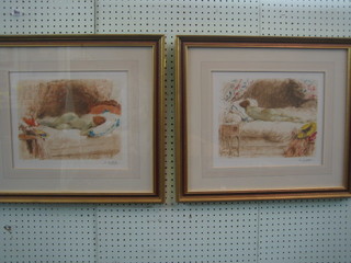 A Calbet, a pair of signed coloured prints "Reclining Naked Ladies" 10" x 13"