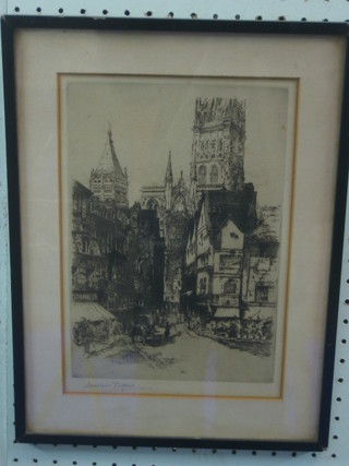 An etching "Cathedral" indistinctly signed 11" x 7"
