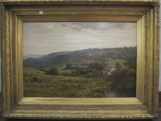 G Wright, 19th Century oil on canvas "Moorland Scene with Buildings and Sheep Grazing" signed and dated G Wright 1887 24" x 36" (re-lined, mark to the stretcher, Exhibitco in Buriisland Pastrol)