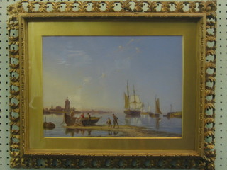 Dommersen  1893, 19th Century oil painting "River Scene with Figures and Boats" label to the reverse The Isles  of Tholen River Scheldt Holland 10" x 14"