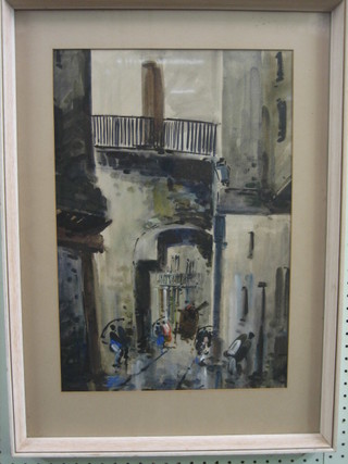 Diaz, impressionist watercolour drawing "Puerto Rican Street Scene with Buildings and Arch" 19" x 13"