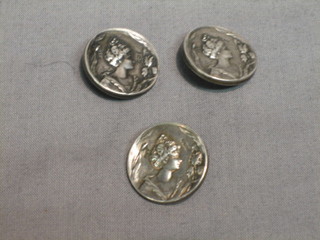 3 Art Nouveau embossed silver buttons decorated ladies 