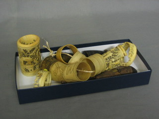 5 ivory napkin rings, a gilt metal napkin ring, a pair of ivory vases (f) etc