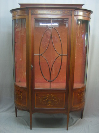 A handsome Edwardian inlaid mahogany D shaped display cabinet with raised back and adjustable shelves inlaid throughout 45"