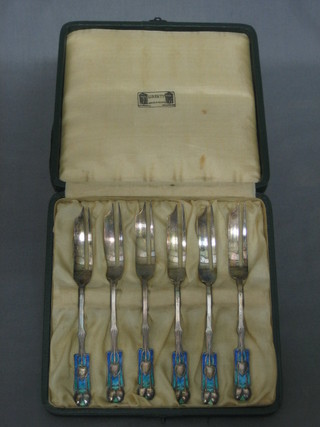A set of 6 Edwardian Liberty's silver and enamel pastry forks, Birmingham 1902, cased