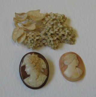 A pierced ivory brooch with floral decoration together with 2 oval shell carved cameo portraits