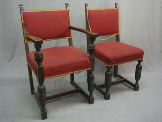 A set of 6 oak Cromwellian style dining chairs with upholstered seats and backs, raised on bulbous turned and block supports