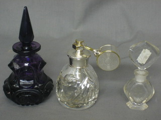 A cut glass perfume atomiser with silver plated collar, a purple cut glass scent bottle 6" and a glass scent bottle 4 1/2"