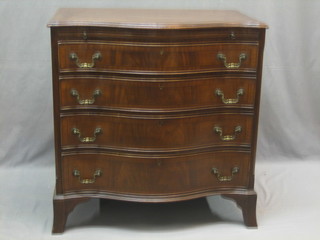 A 20th Century Georgian style serpentine fronted mahogany chest of 4 long drawers with brushing slide, raised on splayed bracket feet 30"