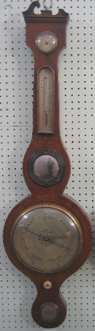 A 19th Century mercury wheel barometer and thermometer by Davis Derby with damp/dry indicator, thermometer, mirror contained in a mahogany case with broken pediment