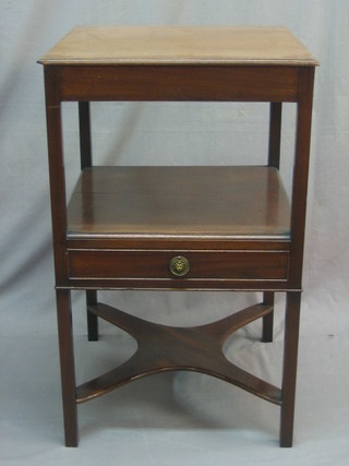 A 19th Century mahogany 2 tier wash stand, the base fitted a drawer with X framed stretcher, raised on square tapering supports 19"
