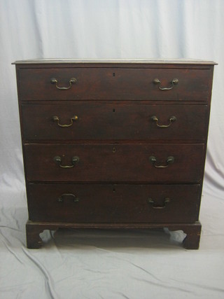 An 18th/19th Century oak chest of 4 long drawers with brass swan neck drop handles, raised on bracket feet 39"