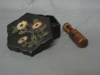 An Eastern octagonal lacquered shaped box 5" together with a cylindrical walnut container 
