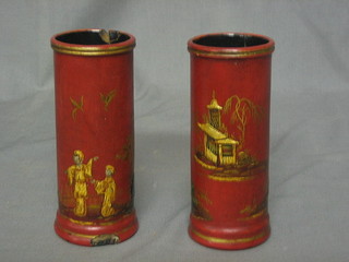 A pair of 19th Century papier mache cylindrical specimen vases decorated Oriental figures by Jennings & Bettridge 6" (1f)