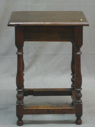 A Victorian oak joyned stool, raised on turned and block supports, niche removed from stretcher 15"