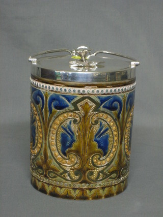 A Doulton Lambeth stoneware biscuit barrel with silver plated mounts, the base incised EDL LVY 473, 7"