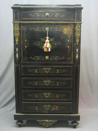 A 19th Century French ebonised escritoire with black veined marble top (slight chip) fitted a drawer, the fall front revealing a well fitted interior above 4 long drawers with gilt metal embellishments, inlaid ivory throughout (veneers lifting to fall front) 29"