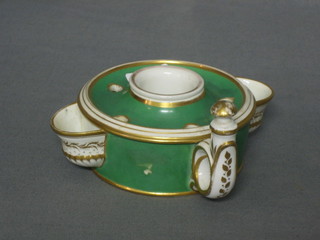 An 18th/19th Century Bloor Derby green glazed and gilt banded inkwell, 5"
