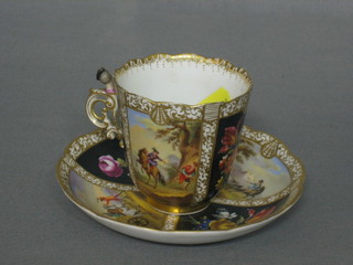 A Dresden style porcelain coffee cup with black and gilt panel decoration, decorated romantic scenes, the base with AR cypher complete with matching saucer