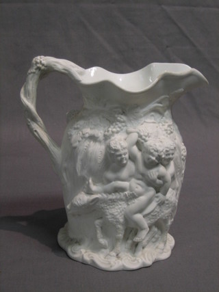 A white glazed pottery vase decorated Bacchanalian figures 8"