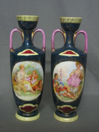 A pair of Dresden style twin handled vases 11"