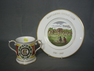 A Wedgwood plate to commemorate the centenary of Mayelebone cricket club 14" together with a Spode MCC Bi-centenary commemorative twin handled cup