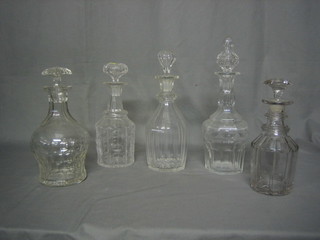 5 various 19th Century club shaped decanters and stoppers