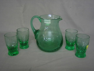 A Whitefriars green bubble glass 5 piece lemonade set comprising jug and 4 glasses