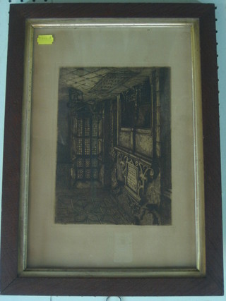 19th Century monochrome print "Interior Scene with Seated 17th Century Gentleman and Hall Scene" 9" x 6 1/2" in an oak frame