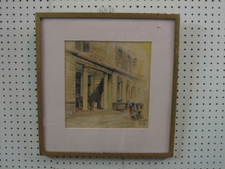 F A Priestley, 1930's watercolour "Porch Way to Building with Figures" 9 1/2" x 9"