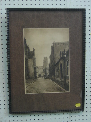 Etching, "Street Scene with Church" indistinctly signed 11" x 8"