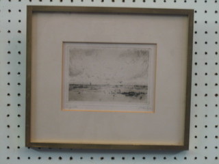 An etching "Seascape with Seagulls" the reverse with Laurence Oxley Gallery label 4" x 6"